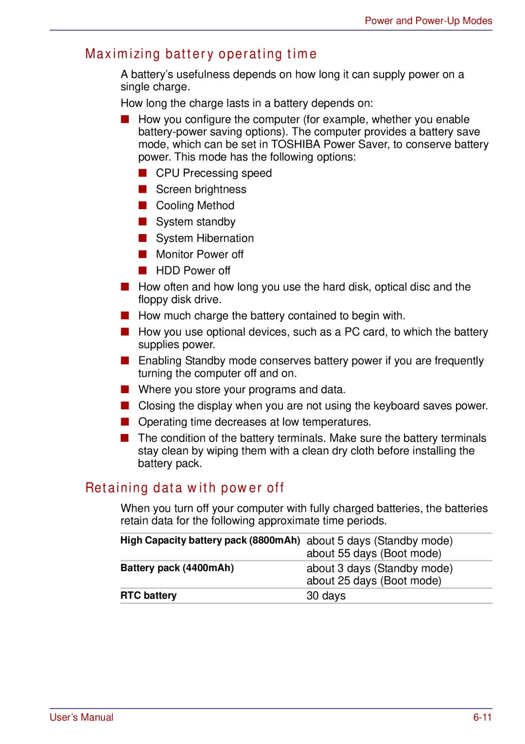 Toshiba A50 user manual Maximizing battery operating time, Retaining data with power off 