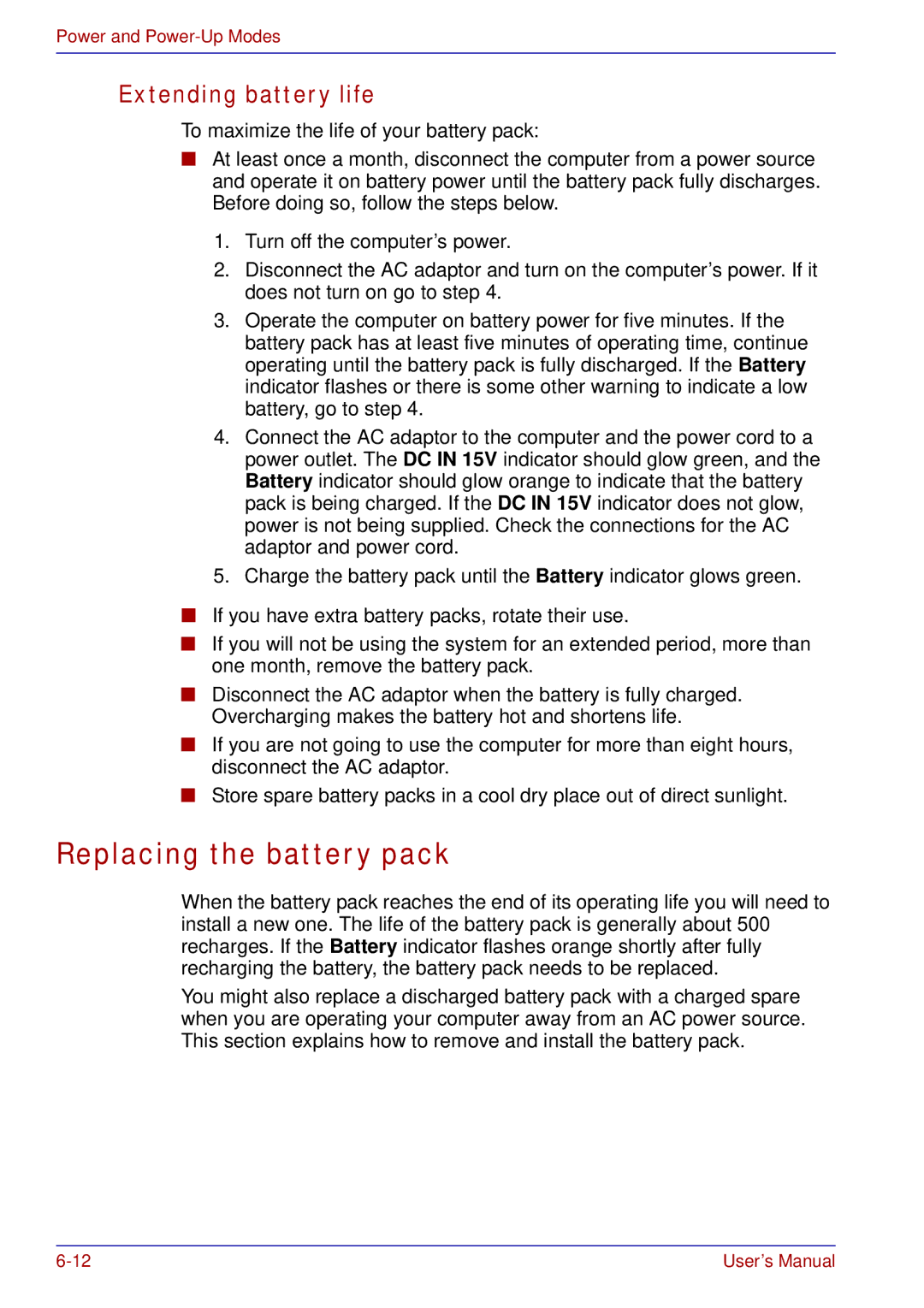 Toshiba A50 user manual Replacing the battery pack, Extending battery life 