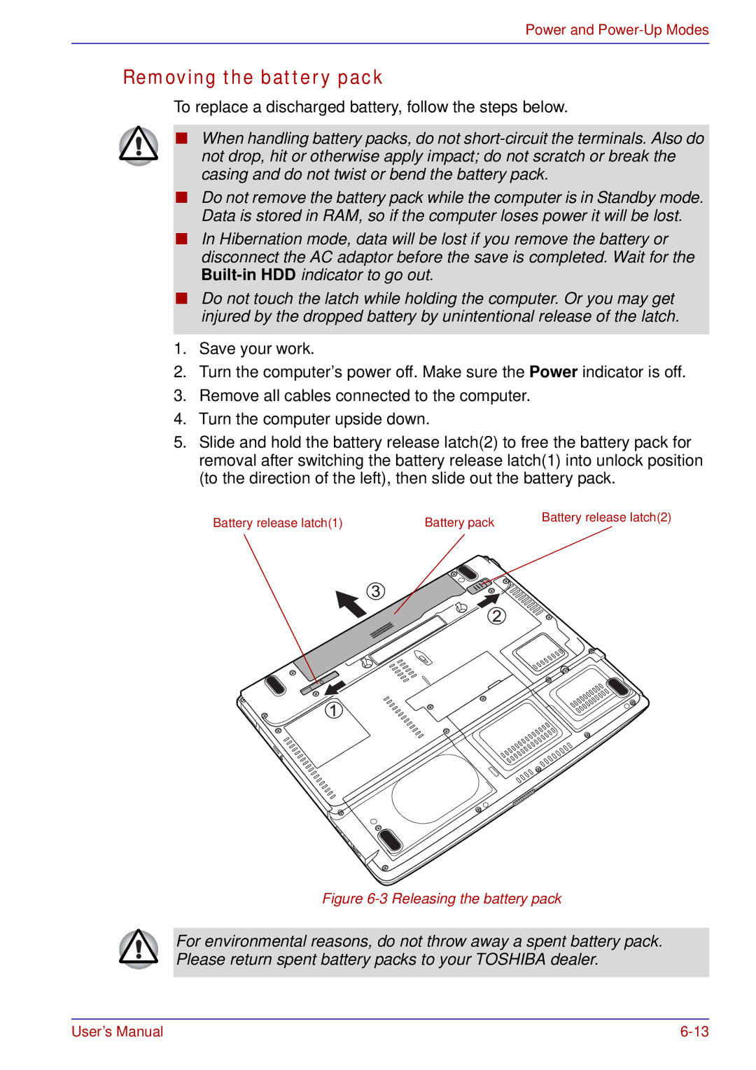 Toshiba A50 user manual Removing the battery pack, Releasing the battery pack 