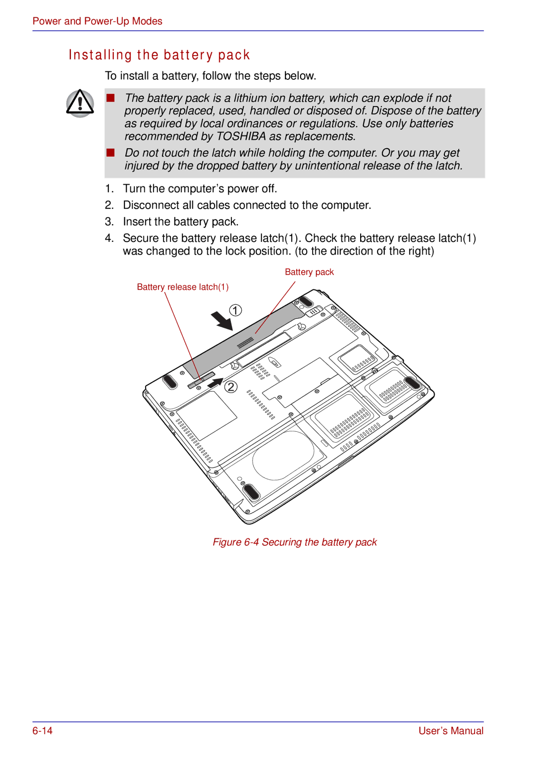 Toshiba A50 user manual Installing the battery pack, Securing the battery pack 