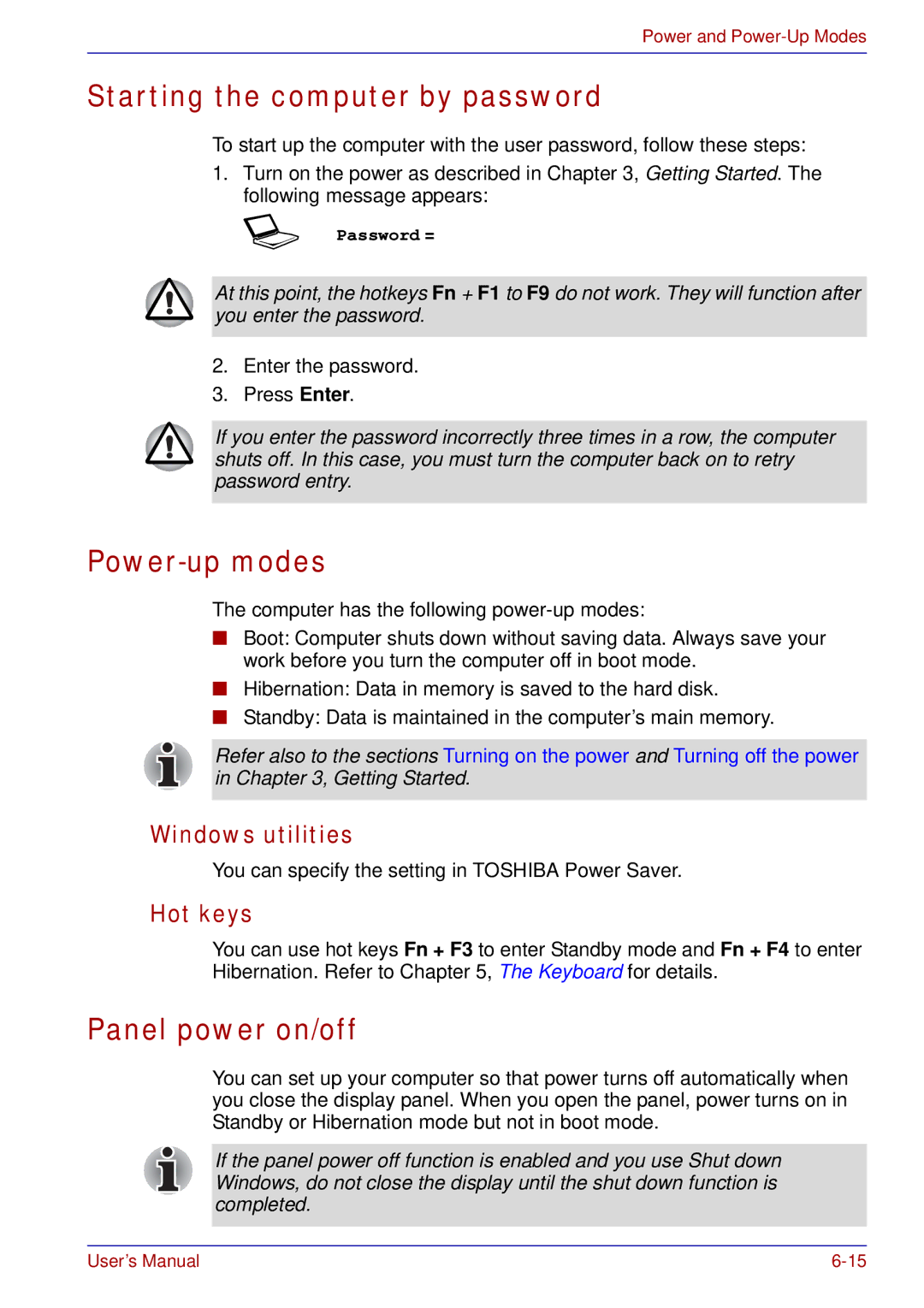 Toshiba A50 user manual Starting the computer by password, Power-up modes, Panel power on/off, Windows utilities, Hot keys 