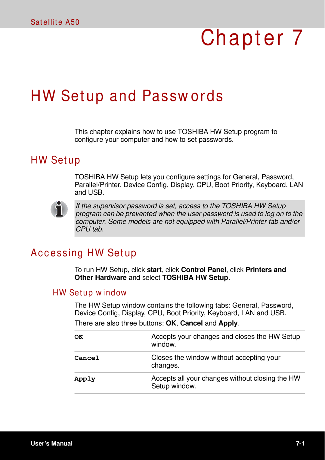 Toshiba A50 user manual HW Setup and Passwords, Accessing HW Setup, HW Setup window 