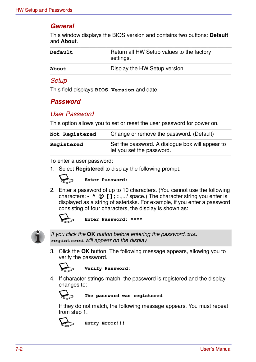 Toshiba A50 user manual General, Password 