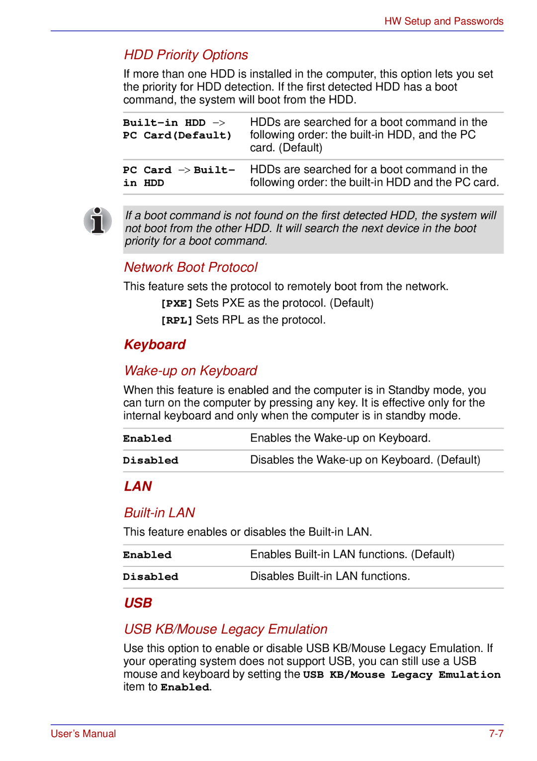 Toshiba A50 user manual HDDs are searched for a boot command, Following order the built-in HDD, and the PC, Card. Default 