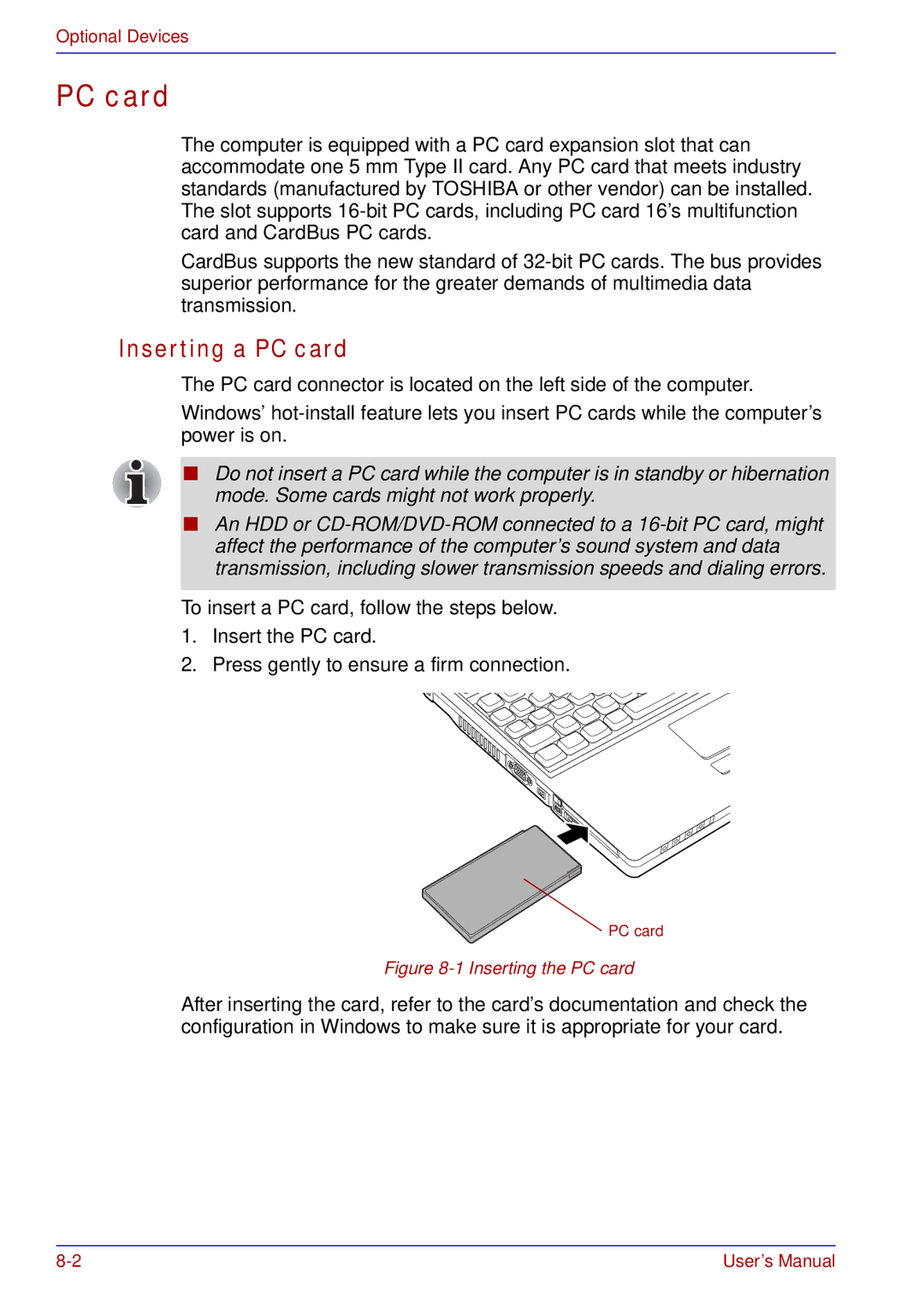 Toshiba A50 user manual Inserting a PC card 