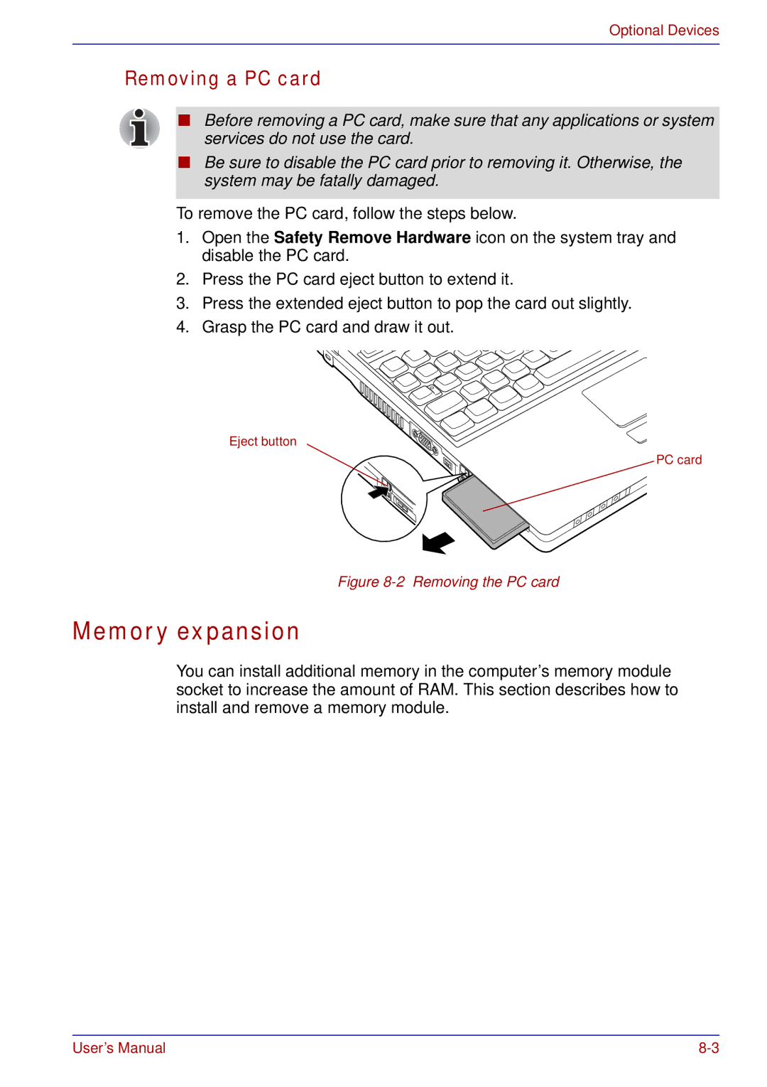 Toshiba A50 user manual Memory expansion, Removing a PC card 