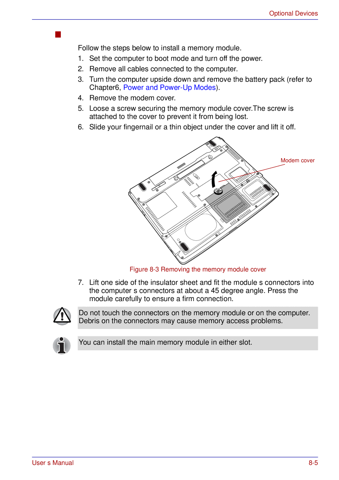 Toshiba A50 user manual Installing memory module, You can install the main memory module in either slot 