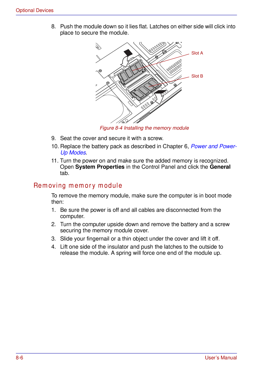 Toshiba A50 user manual Removing memory module, Installing the memory module 