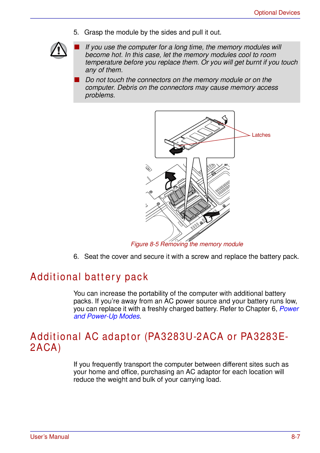 Toshiba A50 user manual Additional battery pack, Additional AC adaptor PA3283U-2ACA or PA3283E- 2ACA 