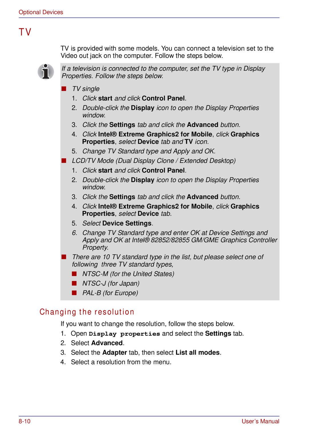 Toshiba A50 user manual Changing the resolution, Click start and click Control Panel 