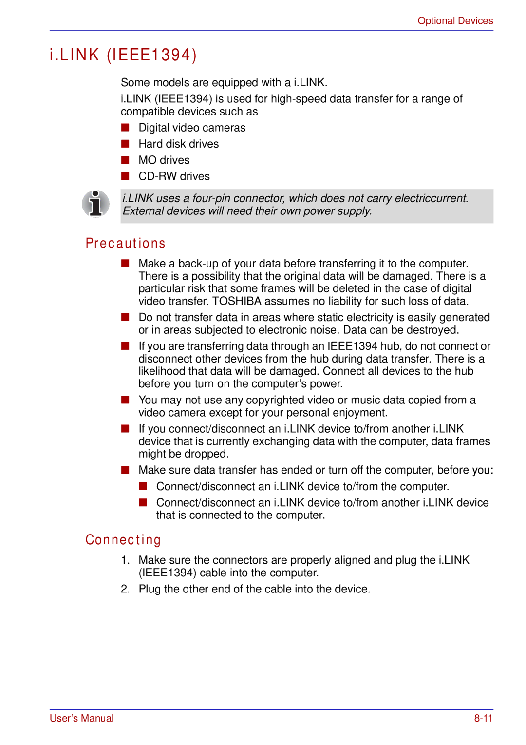 Toshiba A50 user manual Link IEEE1394, Precautions 