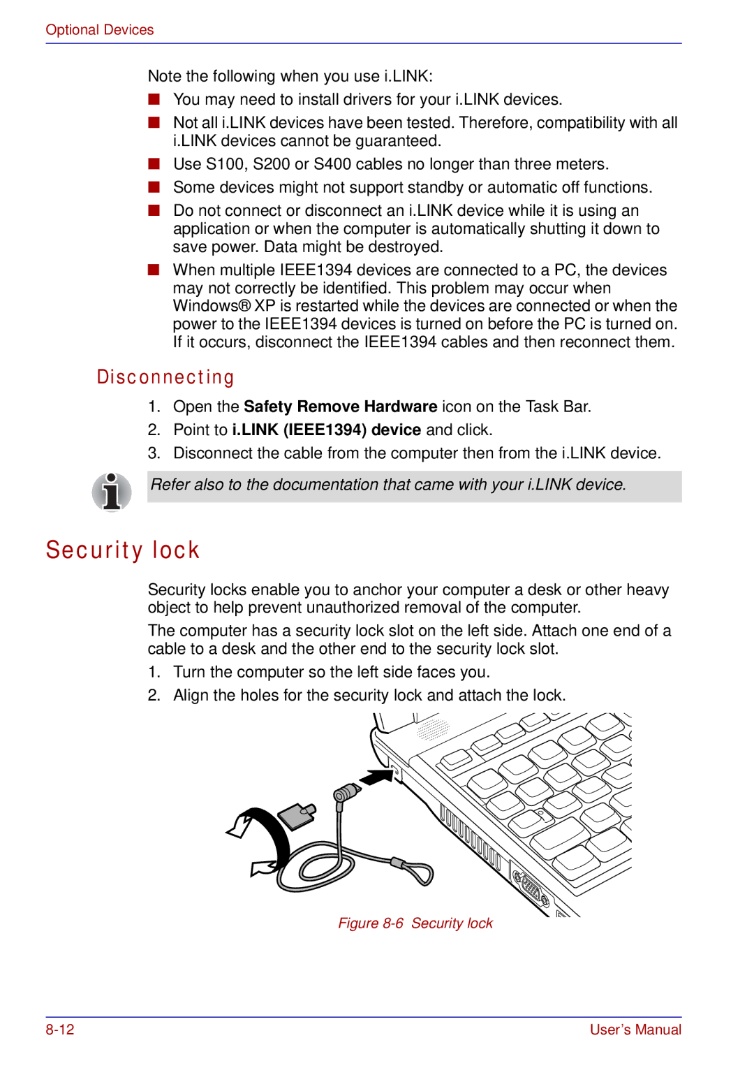 Toshiba A50 user manual Security lock, Point to i.LINK IEEE1394 device and click 