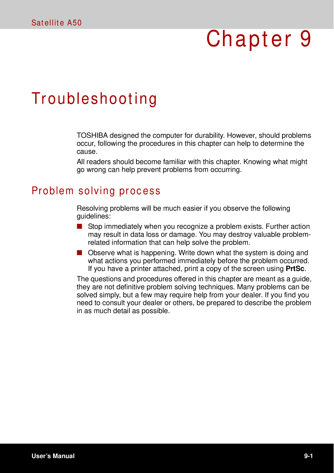 Toshiba A50 user manual Troubleshooting, Problem solving process 