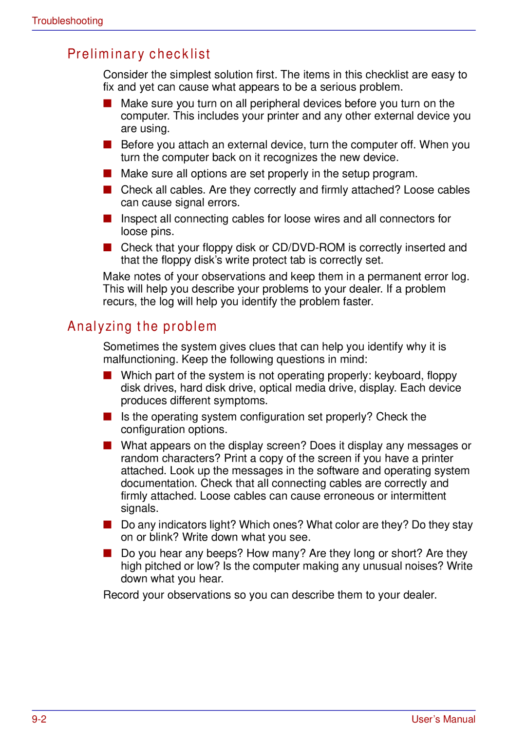 Toshiba A50 user manual Preliminary checklist, Analyzing the problem 