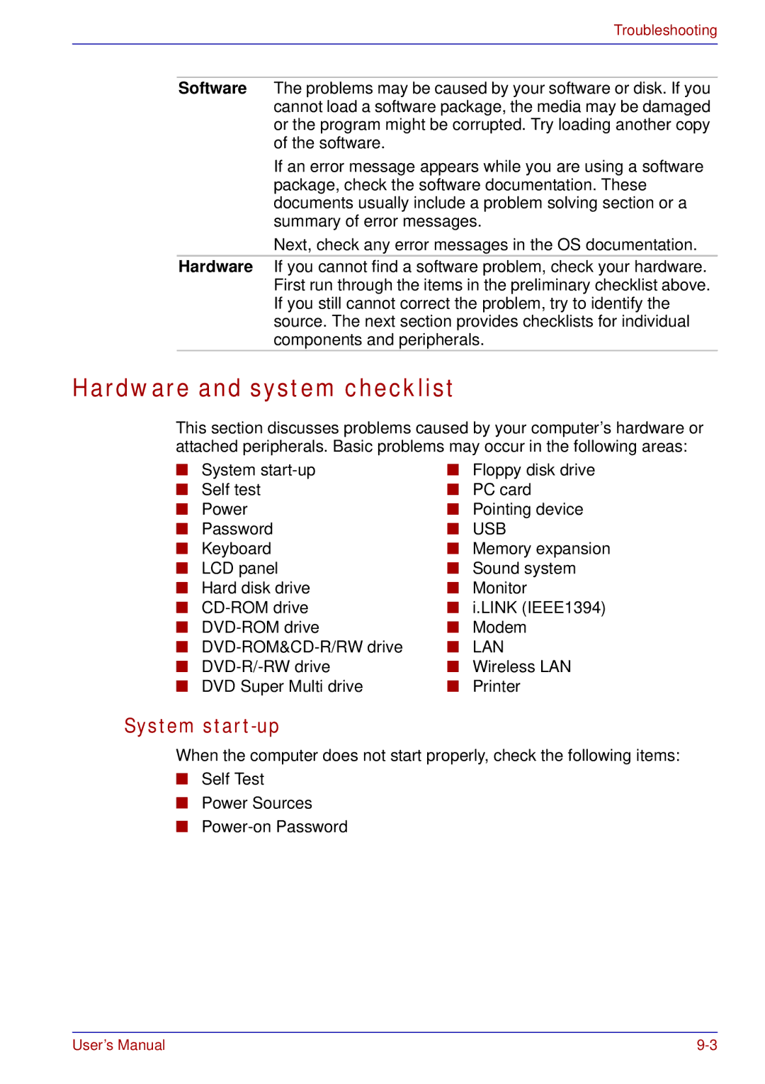 Toshiba A50 user manual Hardware and system checklist, System start-up 