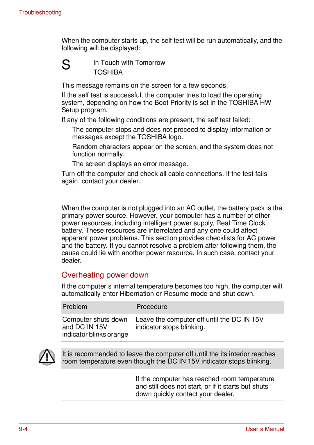 Toshiba A50 user manual Self test, Power, Overheating power down, ProblemProcedure 