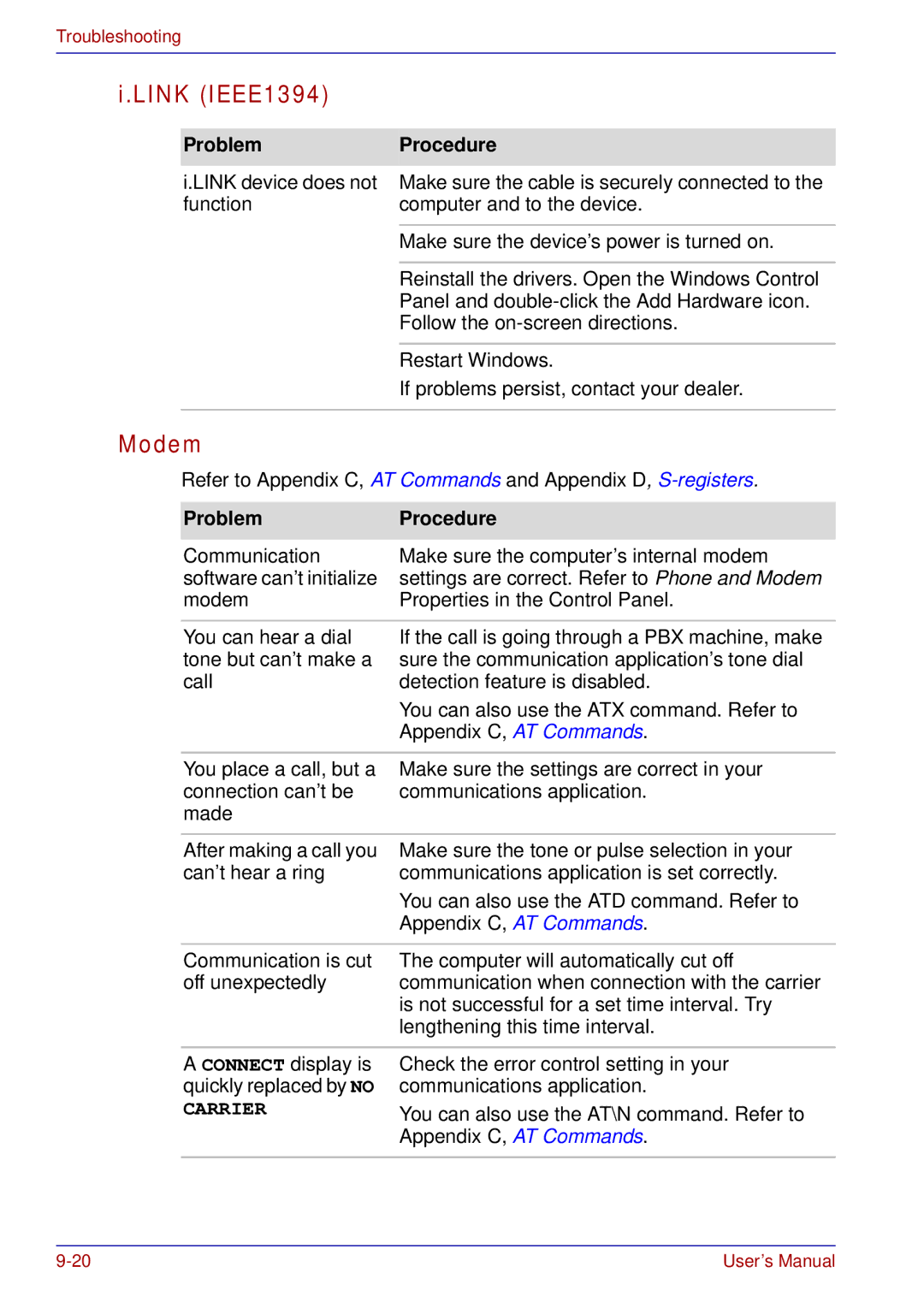 Toshiba A50 user manual Link IEEE1394, Modem 