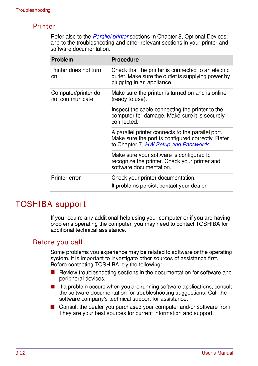 Toshiba A50 user manual Toshiba support, Printer, Before you call 