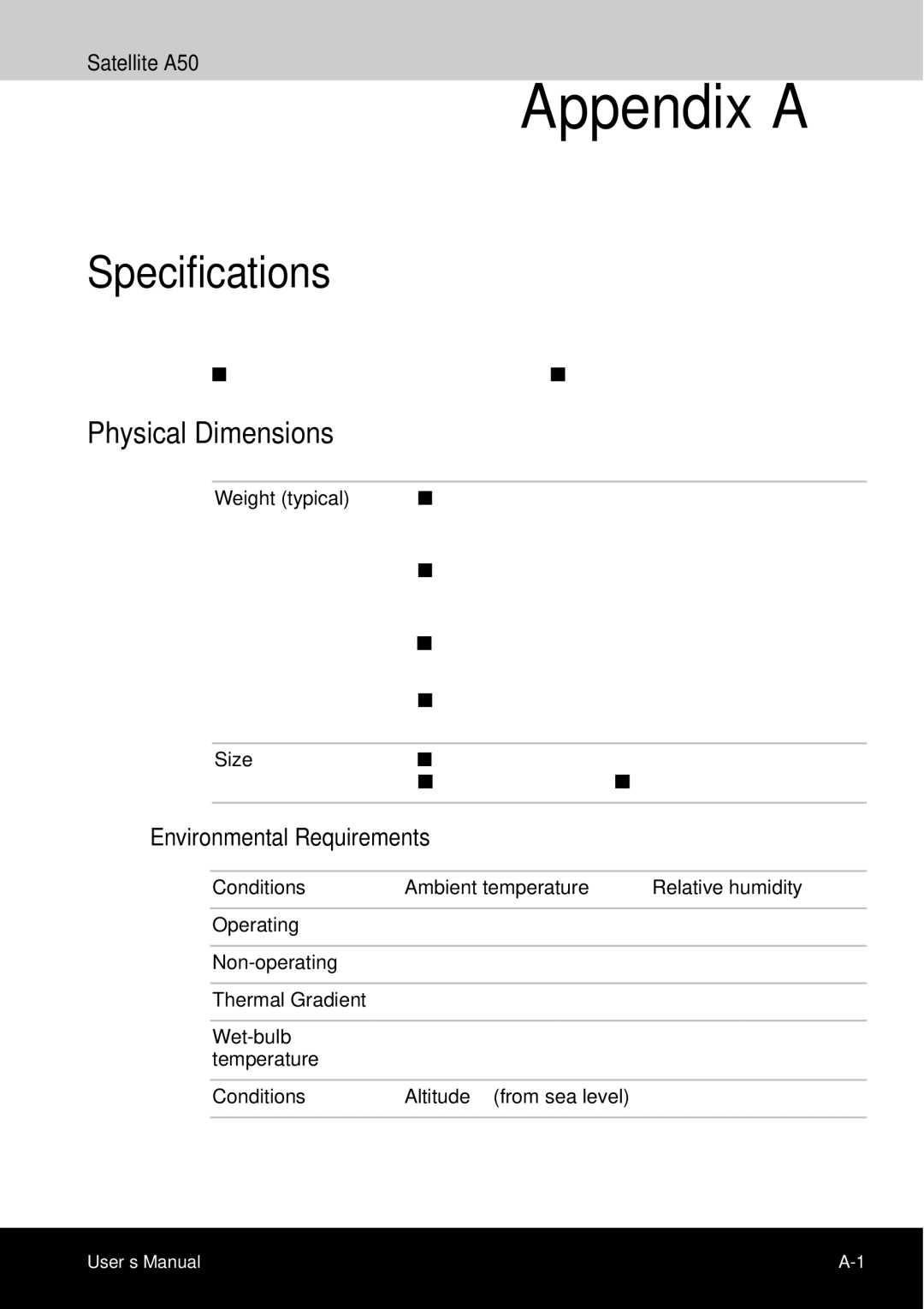 Toshiba A50 user manual Specifications, Physical Dimensions, Environmental Requirements 