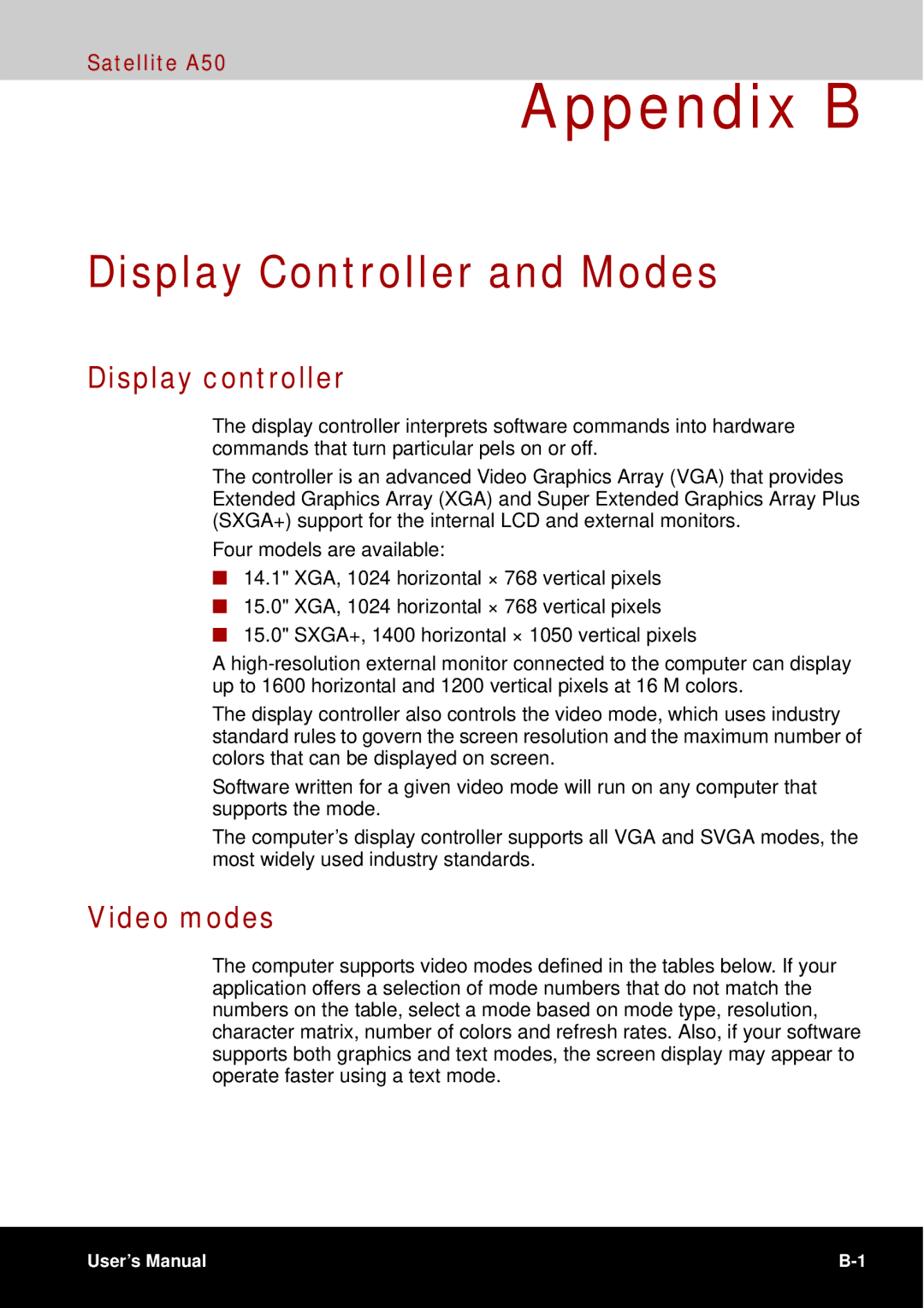 Toshiba A50 user manual Display Controller and Modes, Display controller, Video modes 