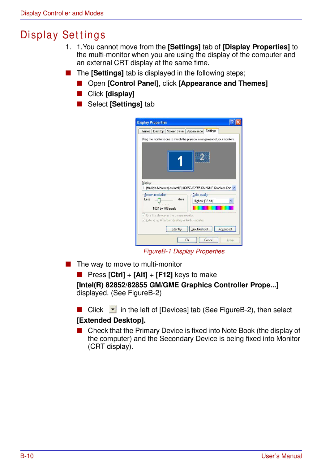 Toshiba A50 user manual Display Settings, Extended Desktop 