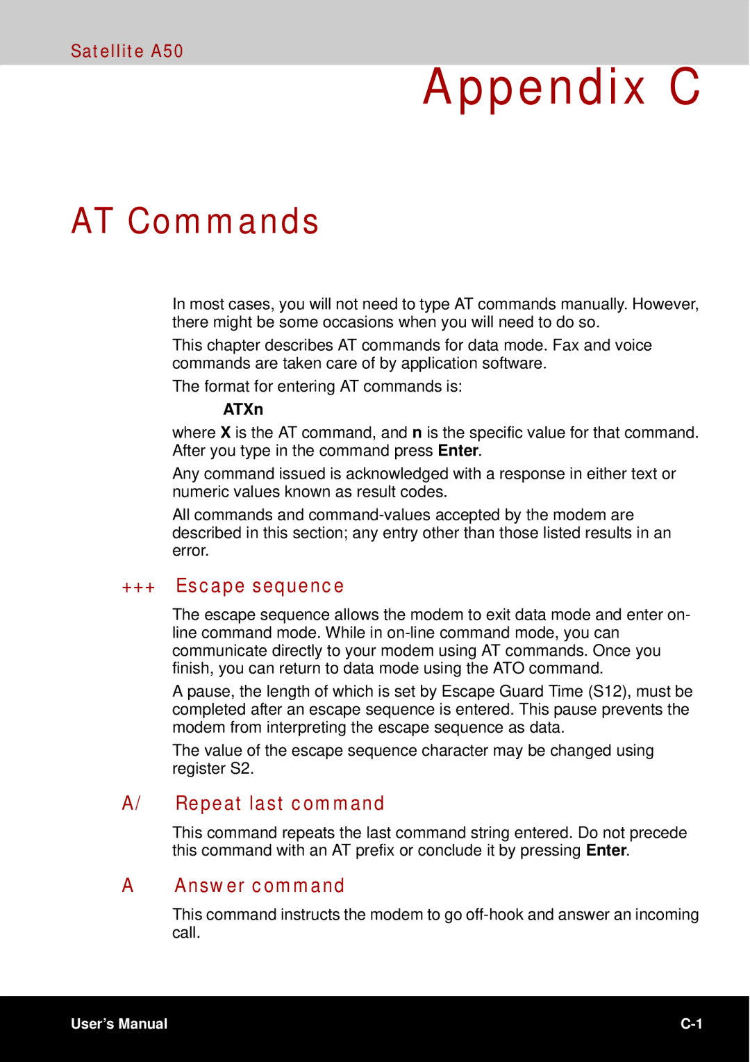 Toshiba A50 user manual AT Commands, +++ Escape sequence, Repeat last command, Answer command, ATXn 