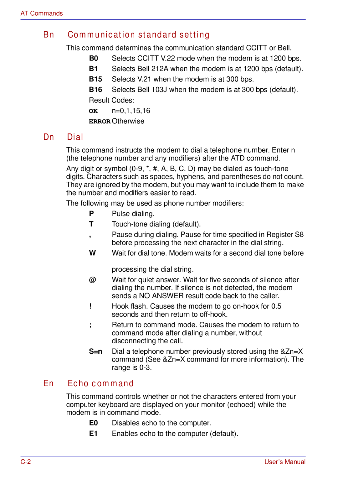 Toshiba A50 user manual Bn Communication standard setting, Dn Dial, En Echo command 