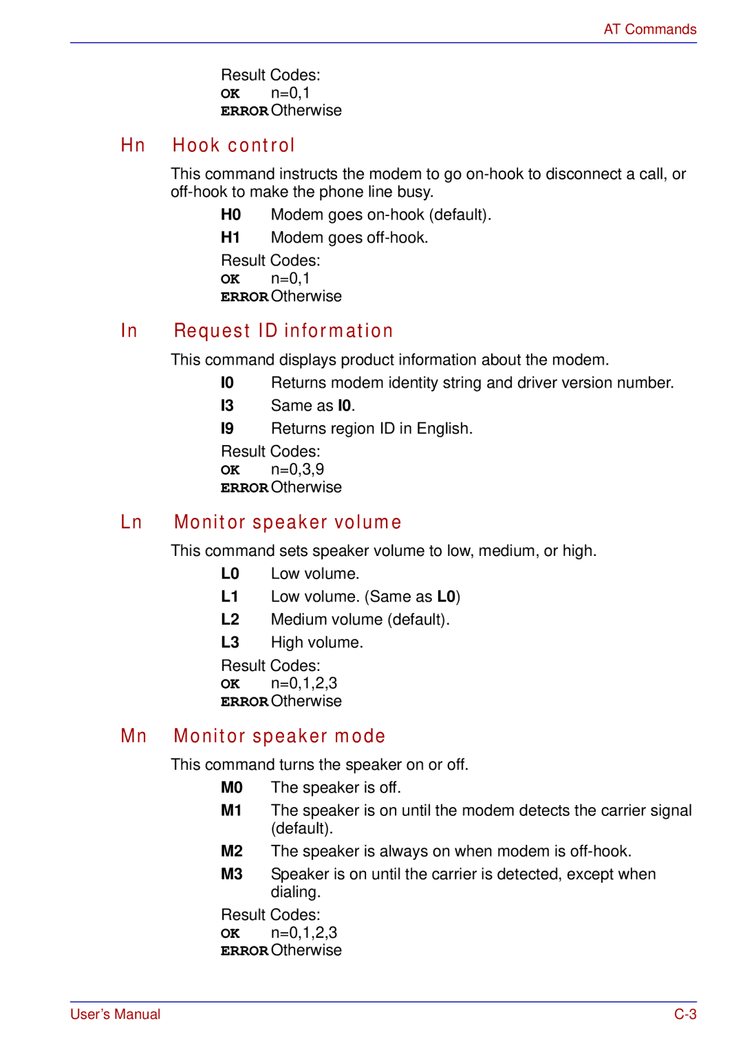 Toshiba A50 user manual Hook control, Request ID information, Ln Monitor speaker volume, Mn Monitor speaker mode 