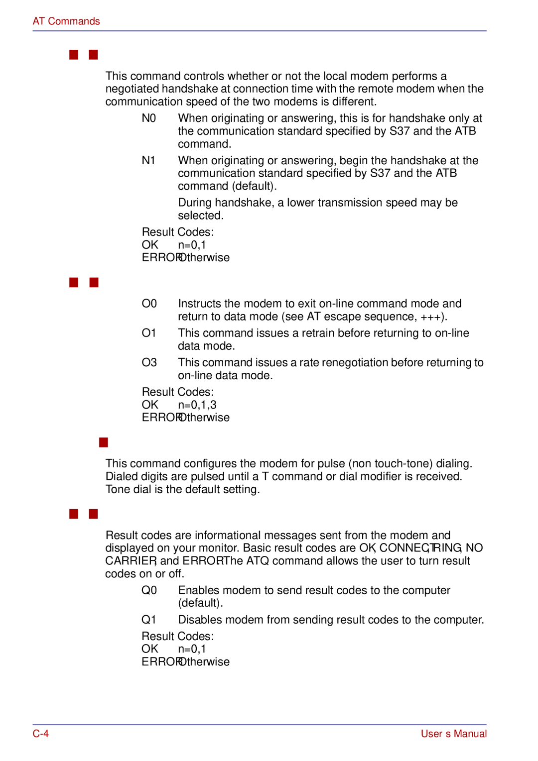 Toshiba A50 user manual Nn Modulation handshake, Return on-line to data mode, Select pulse dialing, Result code control 