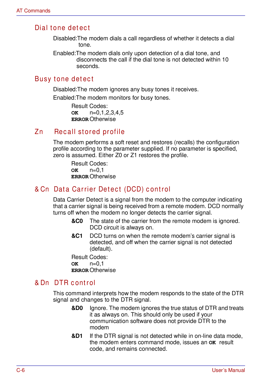 Toshiba A50 user manual Dial tone detect, Busy tone detect, Zn Recall stored profile, Cn Data Carrier Detect DCD control 