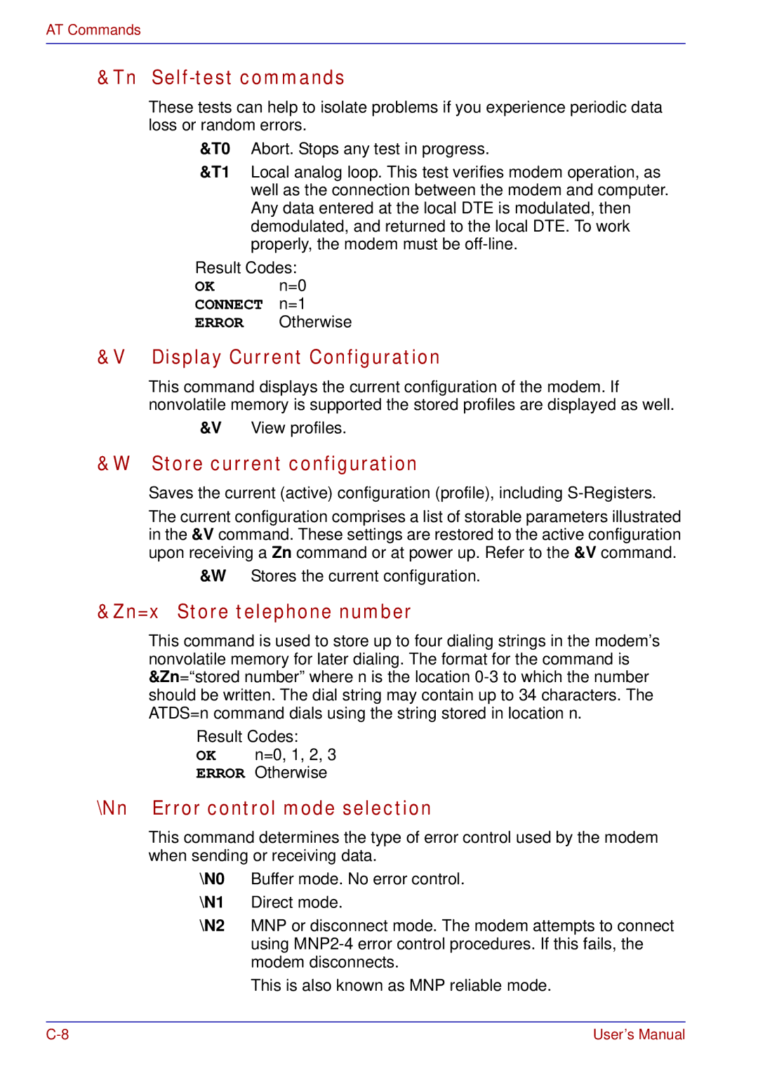 Toshiba A50 Tn Self-test commands, Display Current Configuration, Store current configuration, Zn=x Store telephone number 