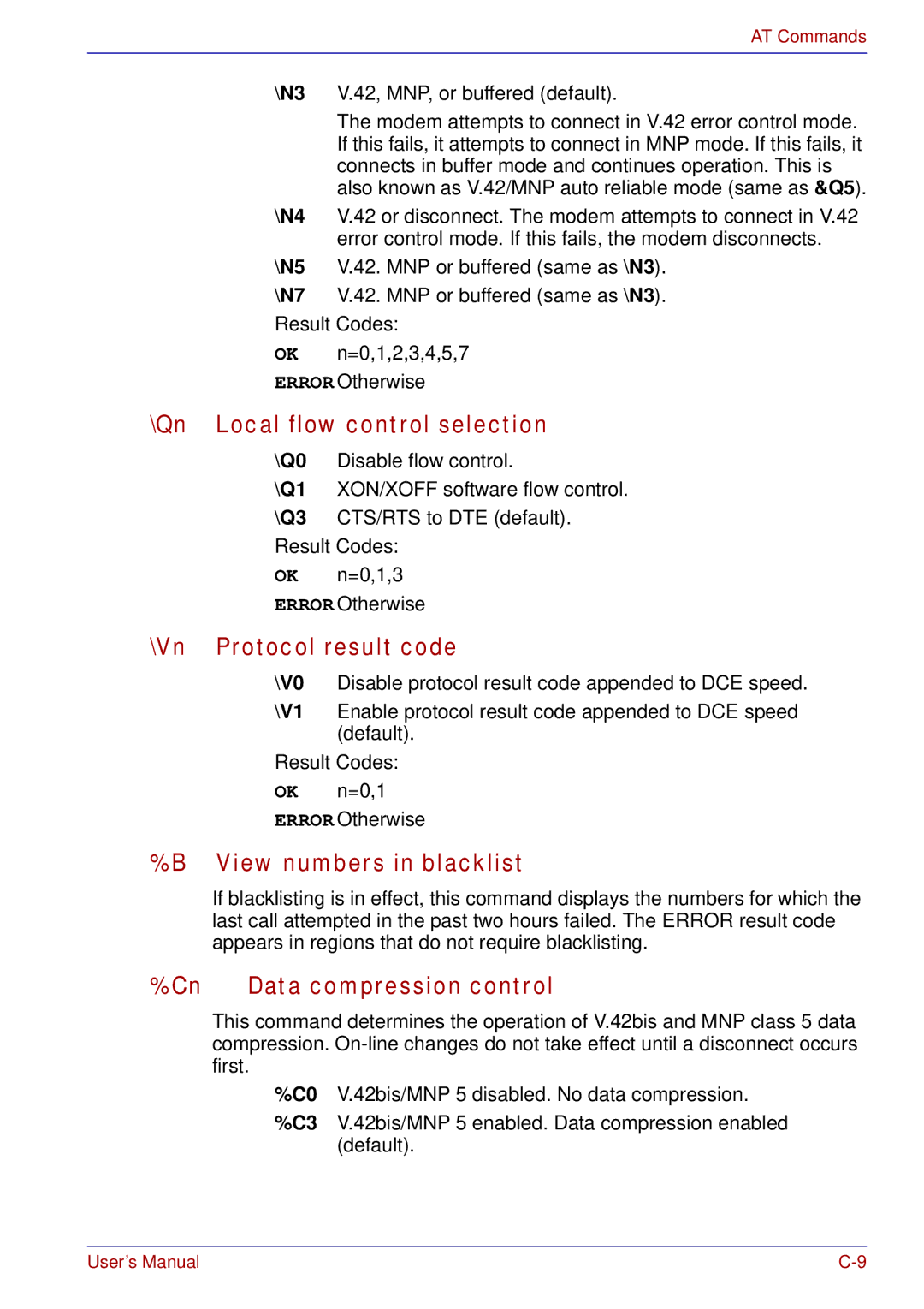 Toshiba A50 user manual Qn Local flow control selection, Vn Protocol result code, View numbers in blacklist 