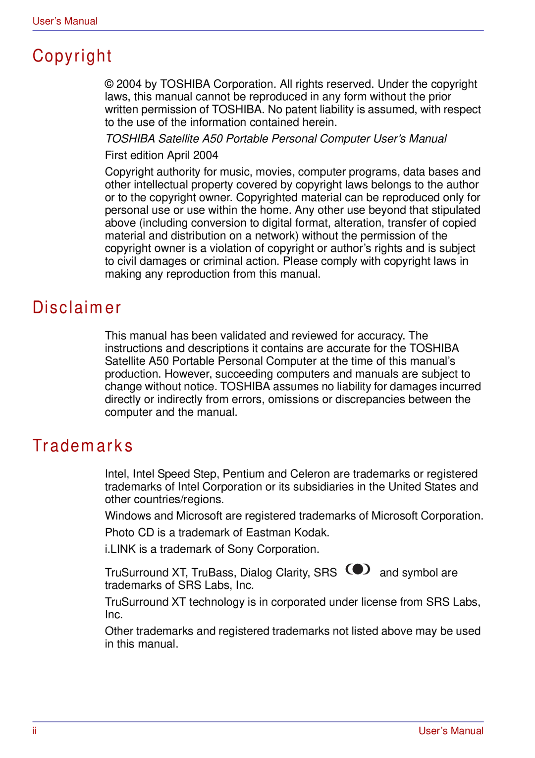 Toshiba A50 user manual Copyright, Disclaimer, Trademarks 