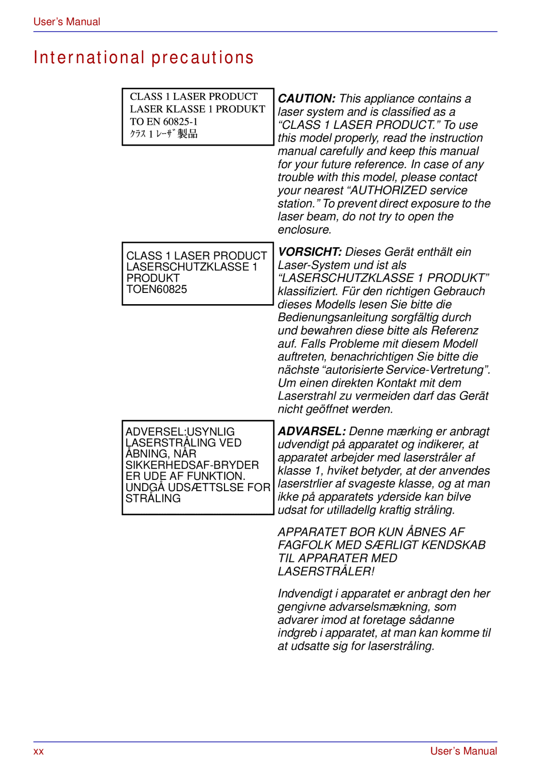 Toshiba A50 user manual International precautions, Vorsicht Dieses Gerät enthält ein Laser-System und ist als 