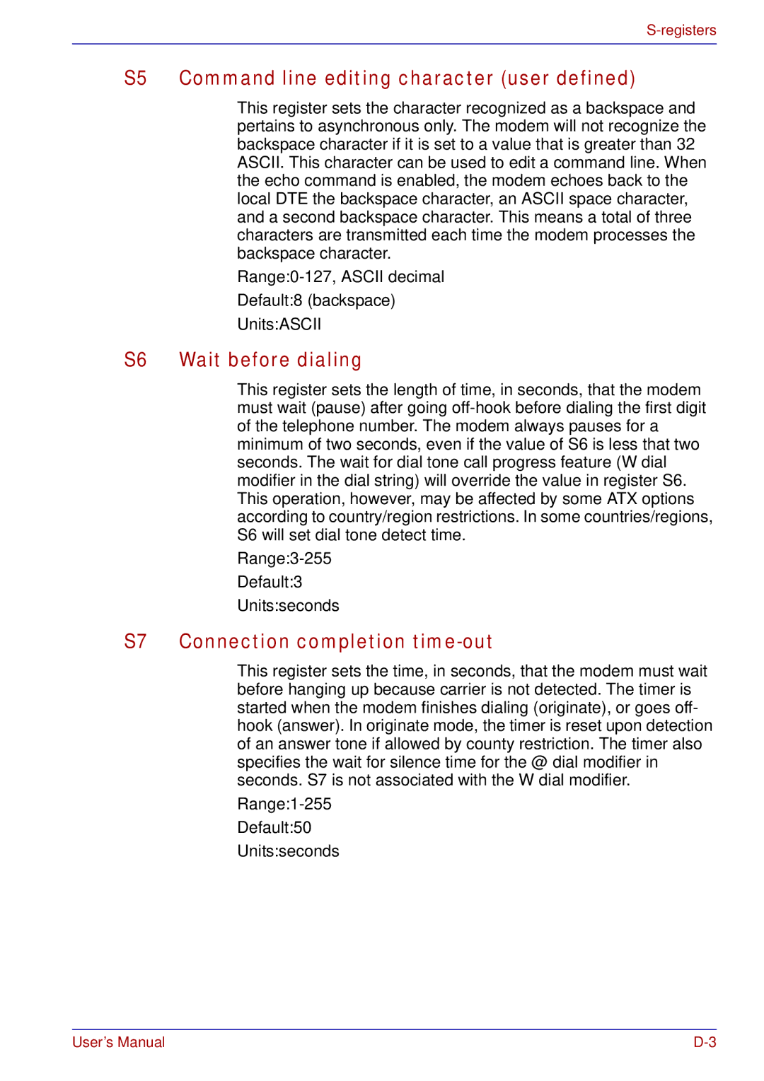 Toshiba A50 S5 Command line editing character user defined, S6 Wait before dialing, S7 Connection completion time-out 