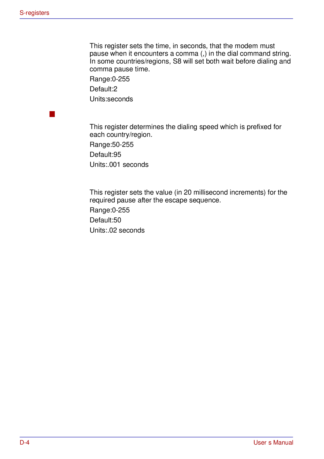 Toshiba A50 user manual S8 Comma pause time, S11 Dtmf dialing speed, S12 Escape guard time 