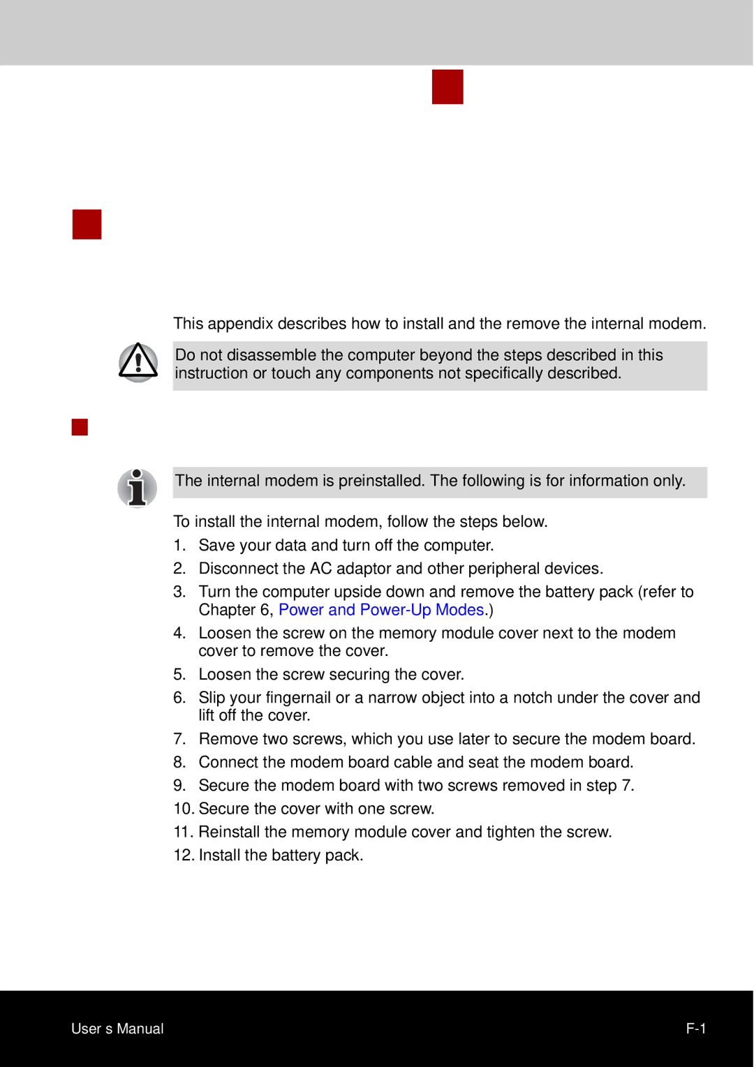 Toshiba A50 user manual Appendix F, Installing the internal modem 