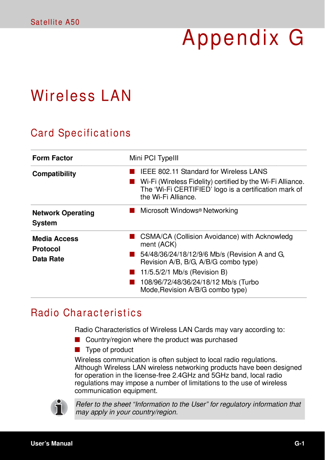 Toshiba A50 user manual Wireless LAN, Card Specifications, Radio Characteristics 