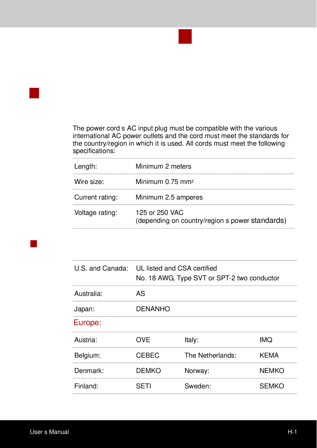 Toshiba A50 user manual AC Power Cord and Connectors, Certification agencies, Europe 