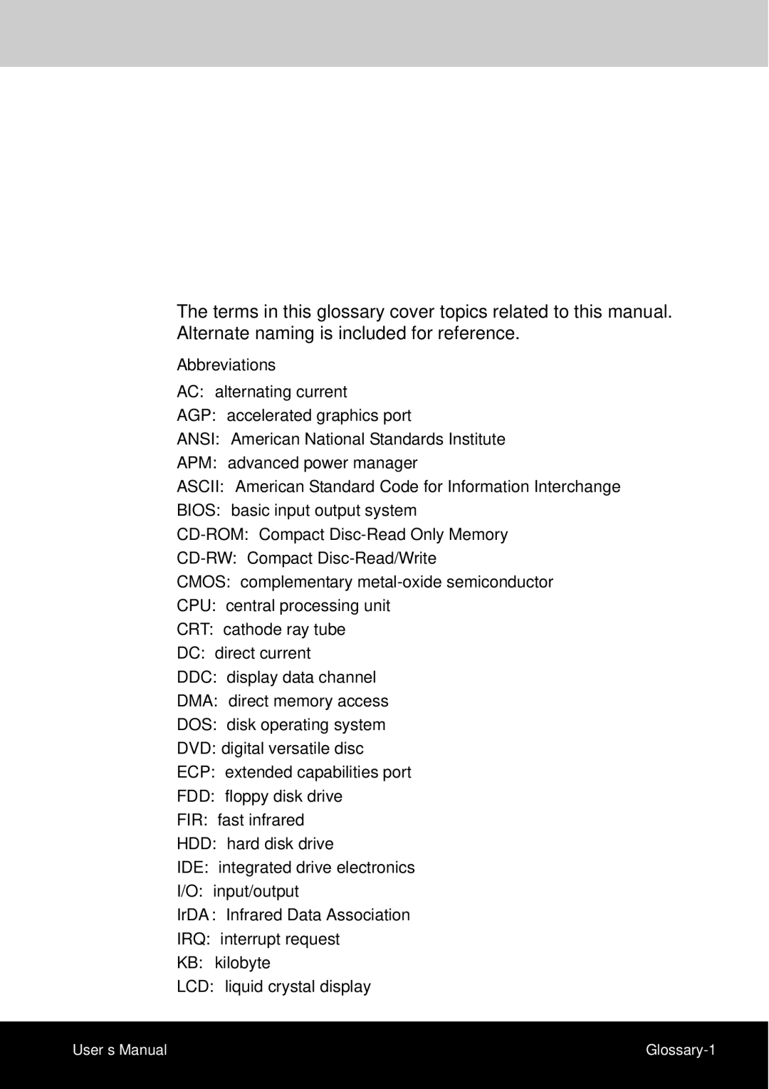 Toshiba A50 user manual Glossary, Abbreviations 