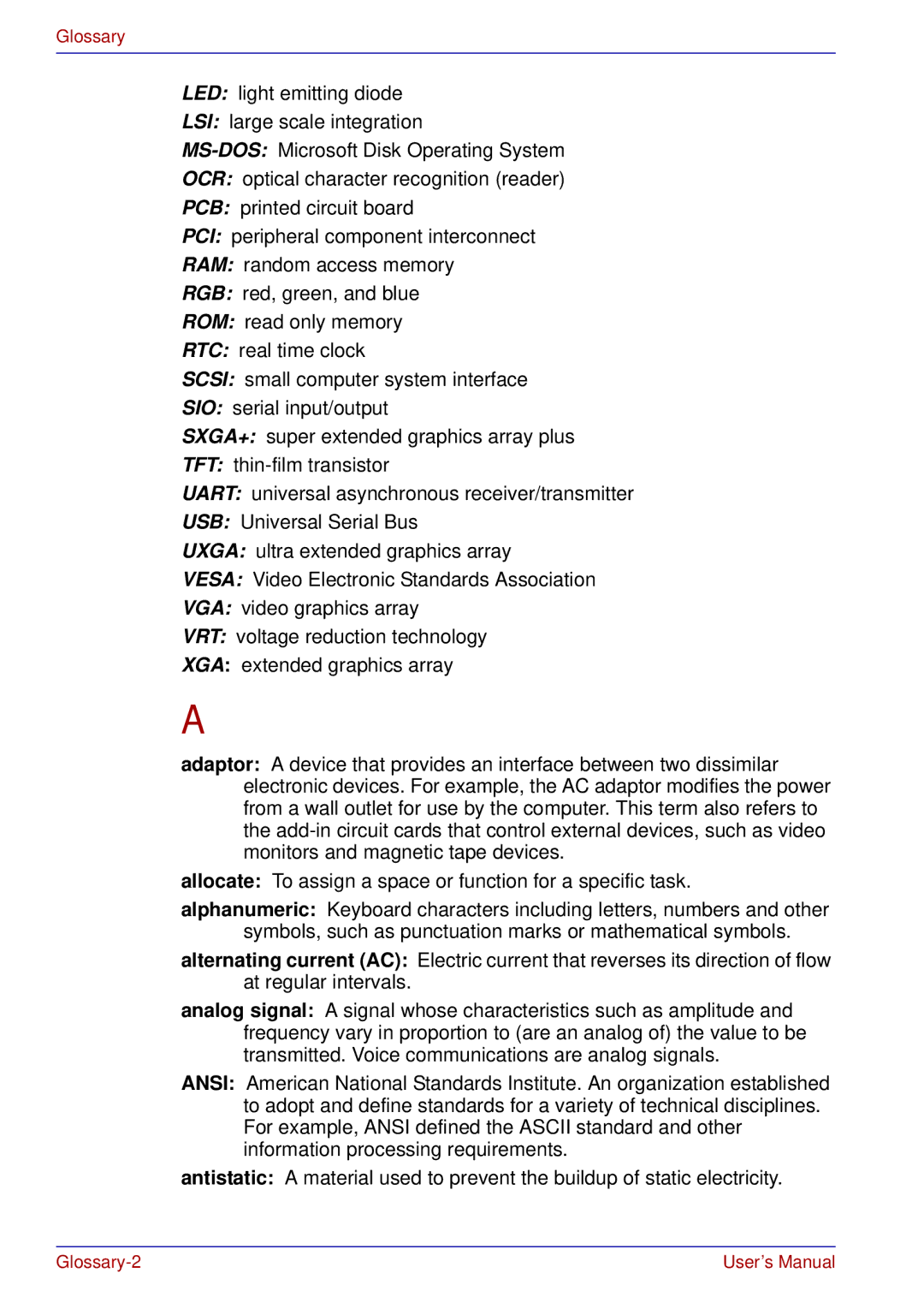 Toshiba A50 user manual Glossary 