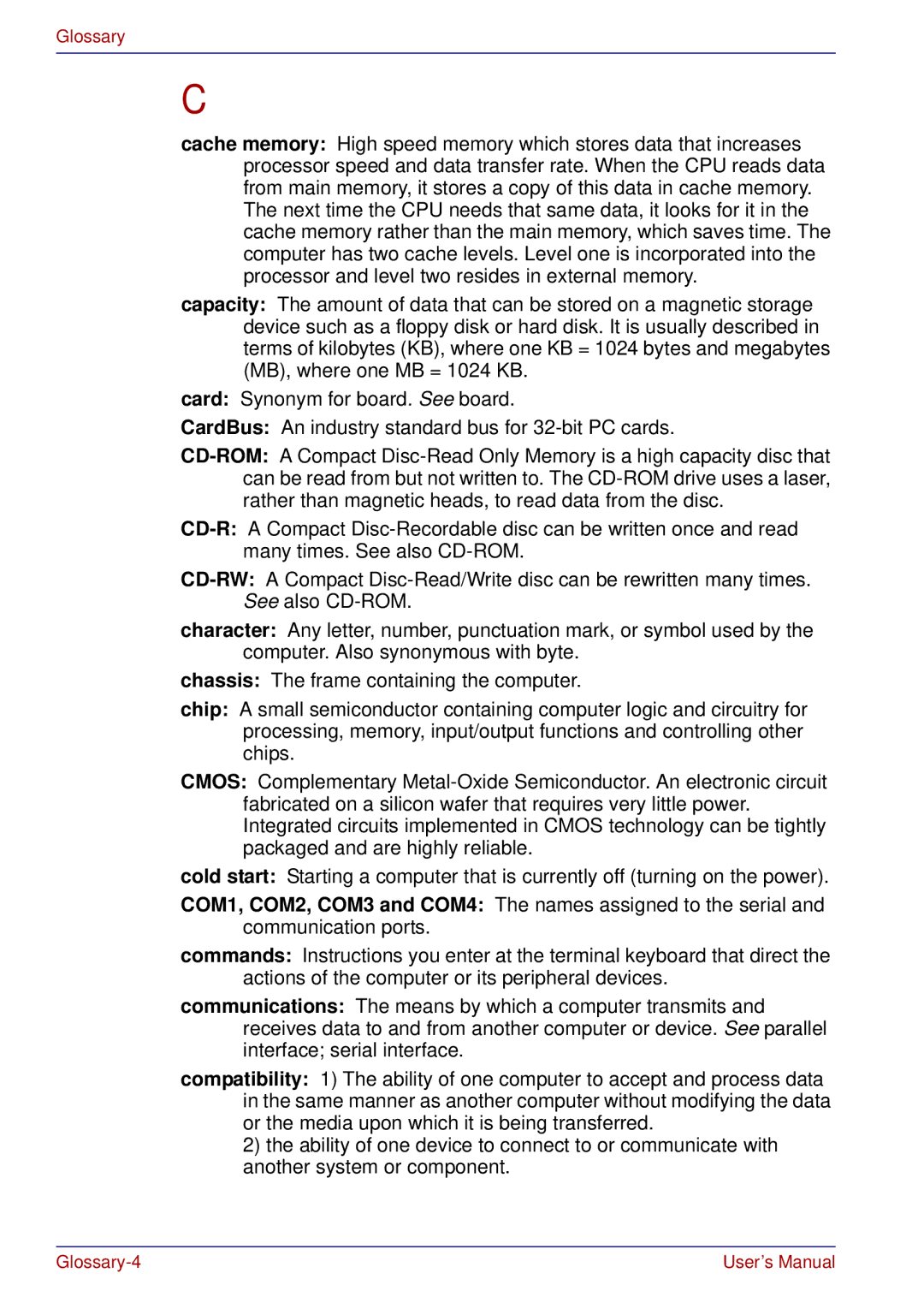 Toshiba A50 user manual Glossary-4 User’s Manual 