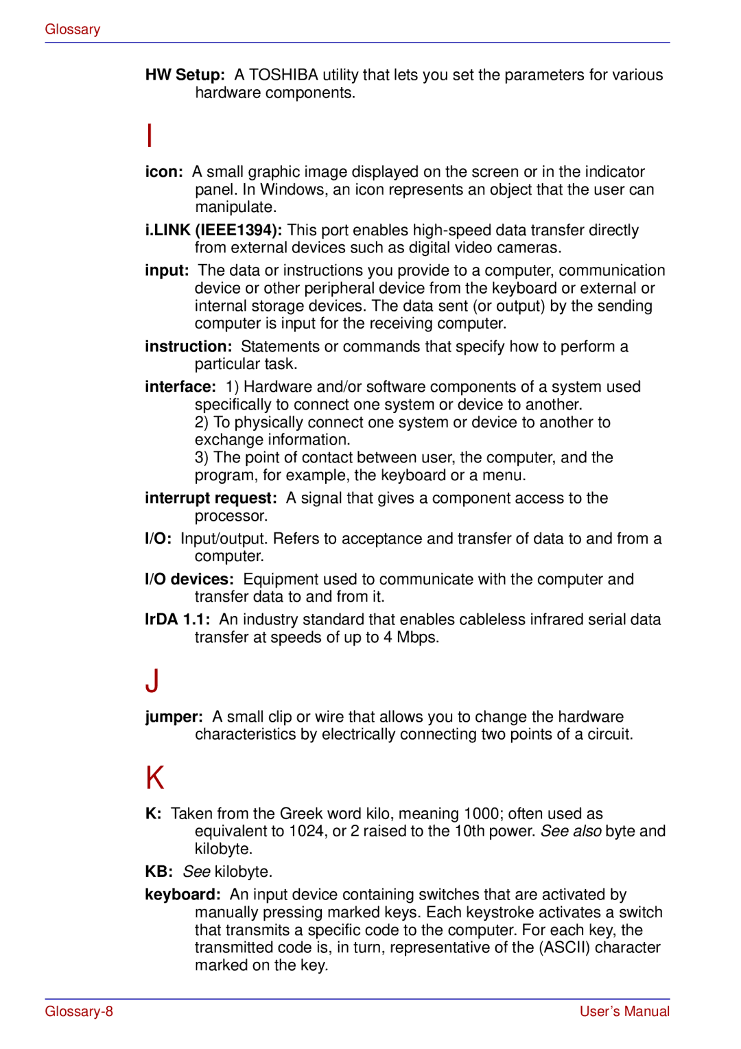 Toshiba A50 user manual Glossary-8 User’s Manual 