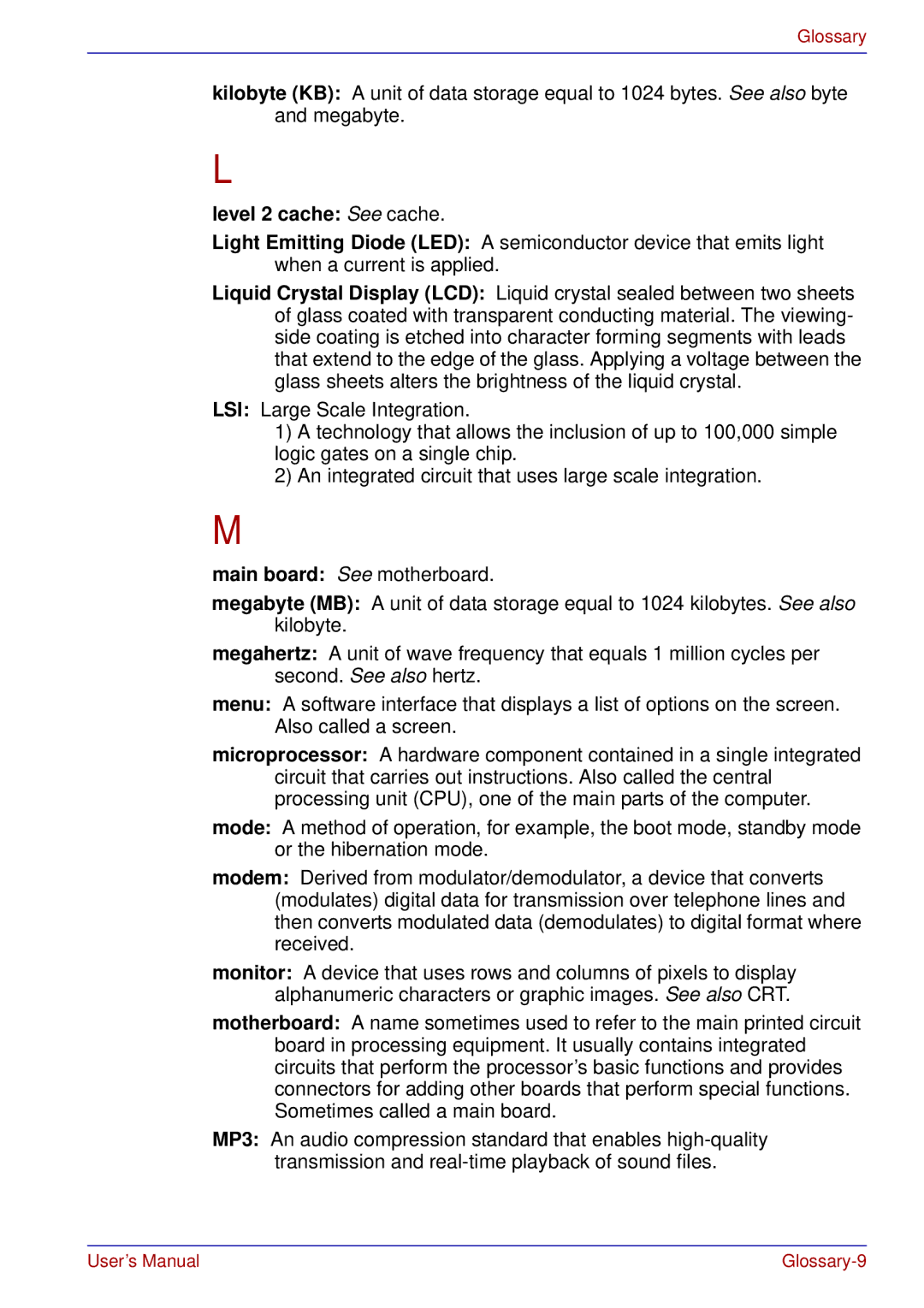 Toshiba A50 user manual Level 2 cache See cache, Main board See motherboard 