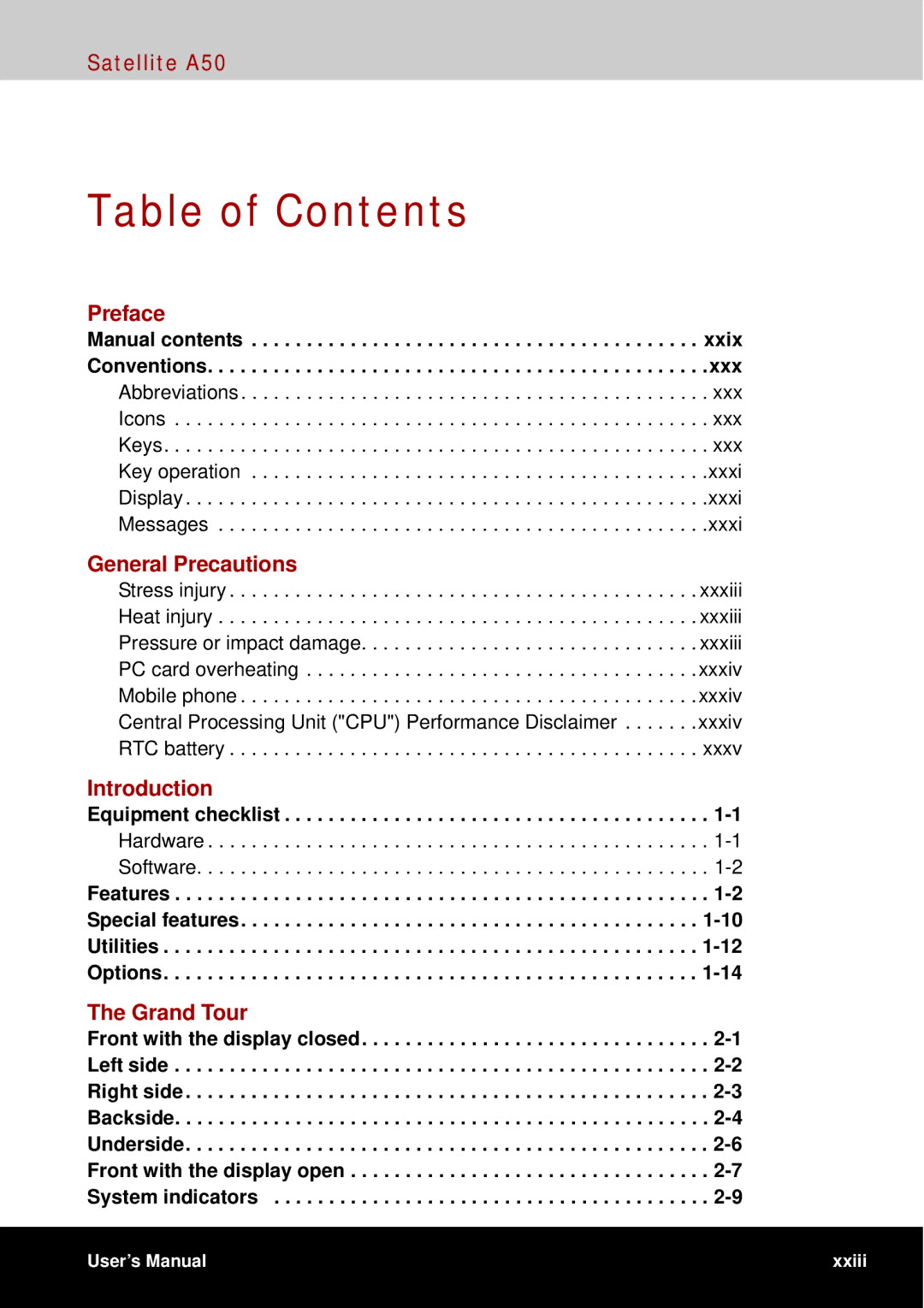 Toshiba A50 user manual Table of Contents 