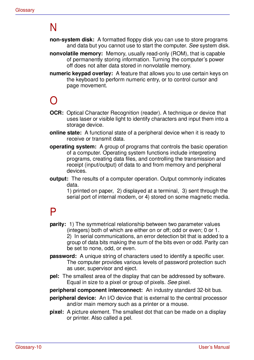 Toshiba A50 user manual Glossary-10 User’s Manual 