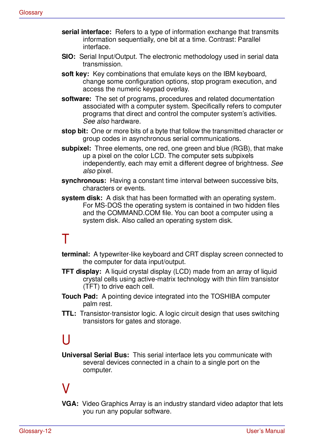 Toshiba A50 user manual Glossary-12 User’s Manual 