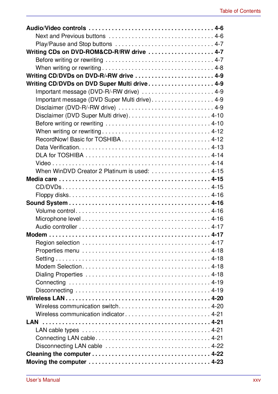 Toshiba A50 user manual Xxv 