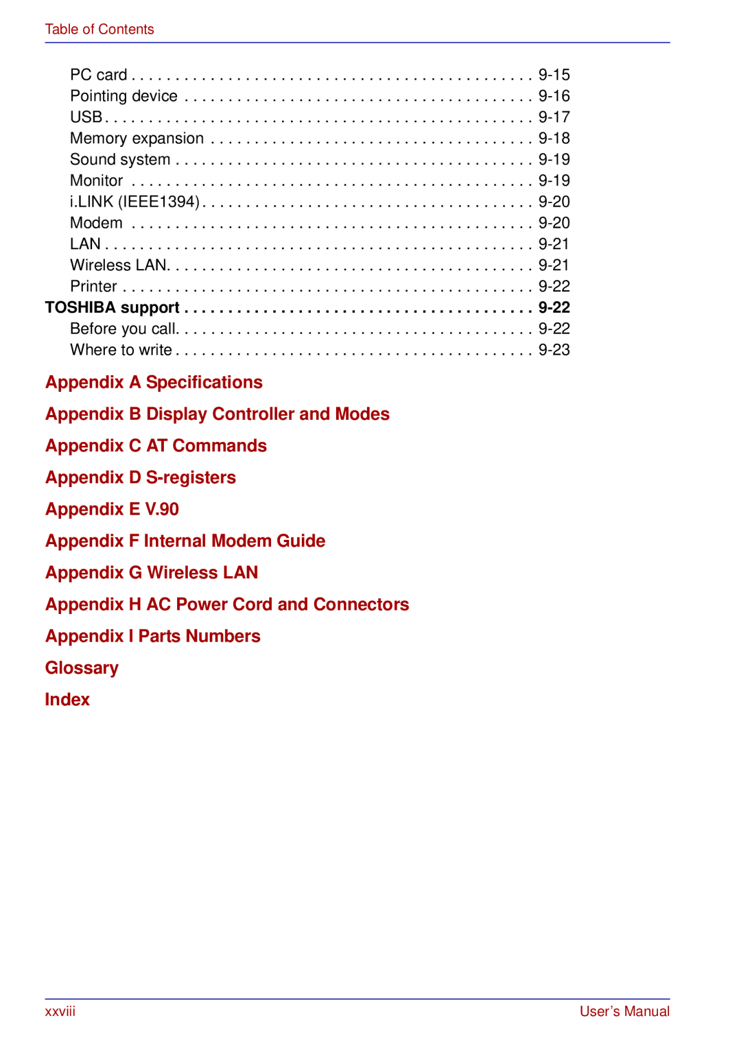 Toshiba A50 user manual Toshiba support -22Before you call -22 Where to write 