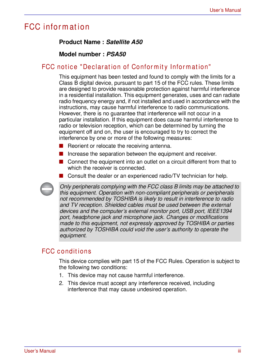 Toshiba A50 user manual FCC information, FCC notice Declaration of Conformity Information, FCC conditions 